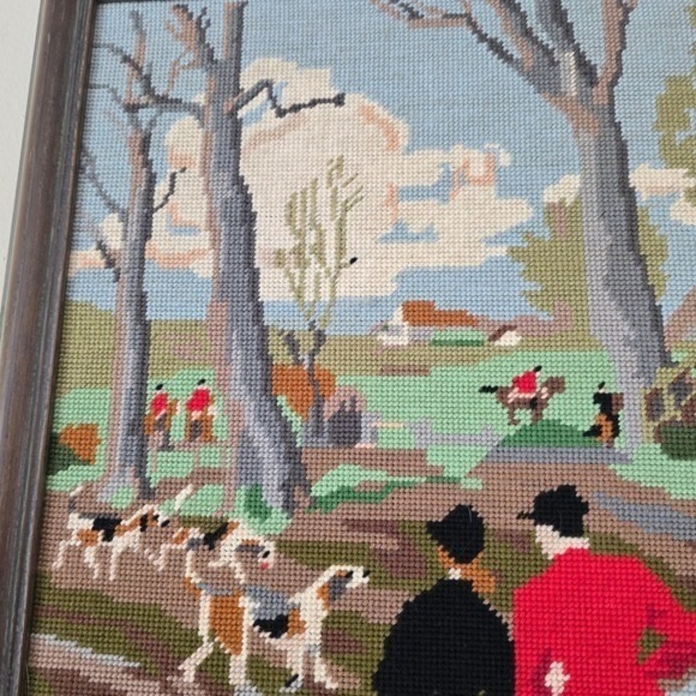 Vintage Framed Needlepoint Fox Hunt Equestrian Scene Wall Art Tapestry Decor - Picture 5 of 13